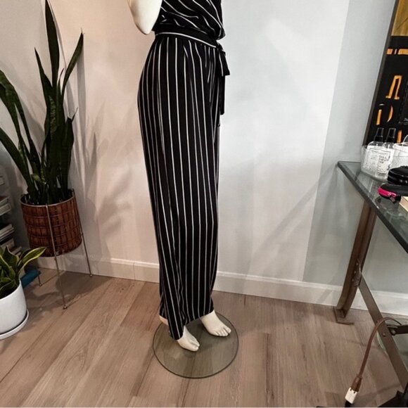 Black  White Crepe Wrap Front Wide Leg Jumpsuit - Picture 6 of 11